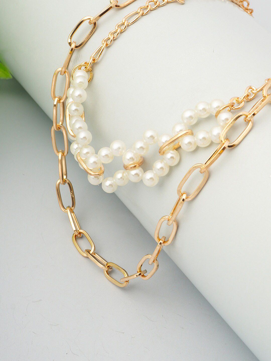 Ferosh Gold-Toned & White Pearl Rings Layered Necklace Price in India