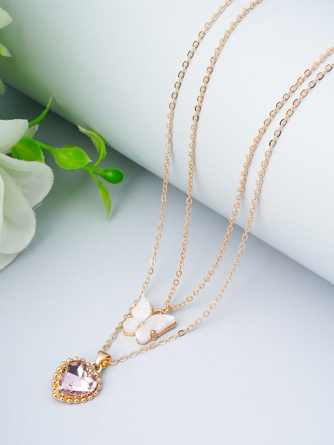 Ferosh Pink & White Heart and Butterfly Layered Necklace Price in India