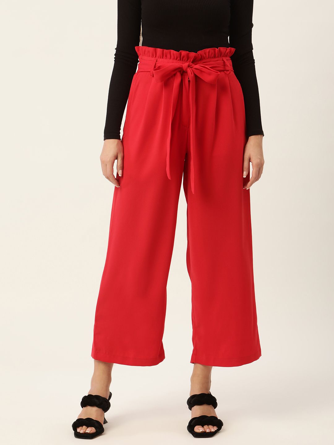 Rue Collection Women Red Comfort Fit Pleated Trousers with Belt Price in India