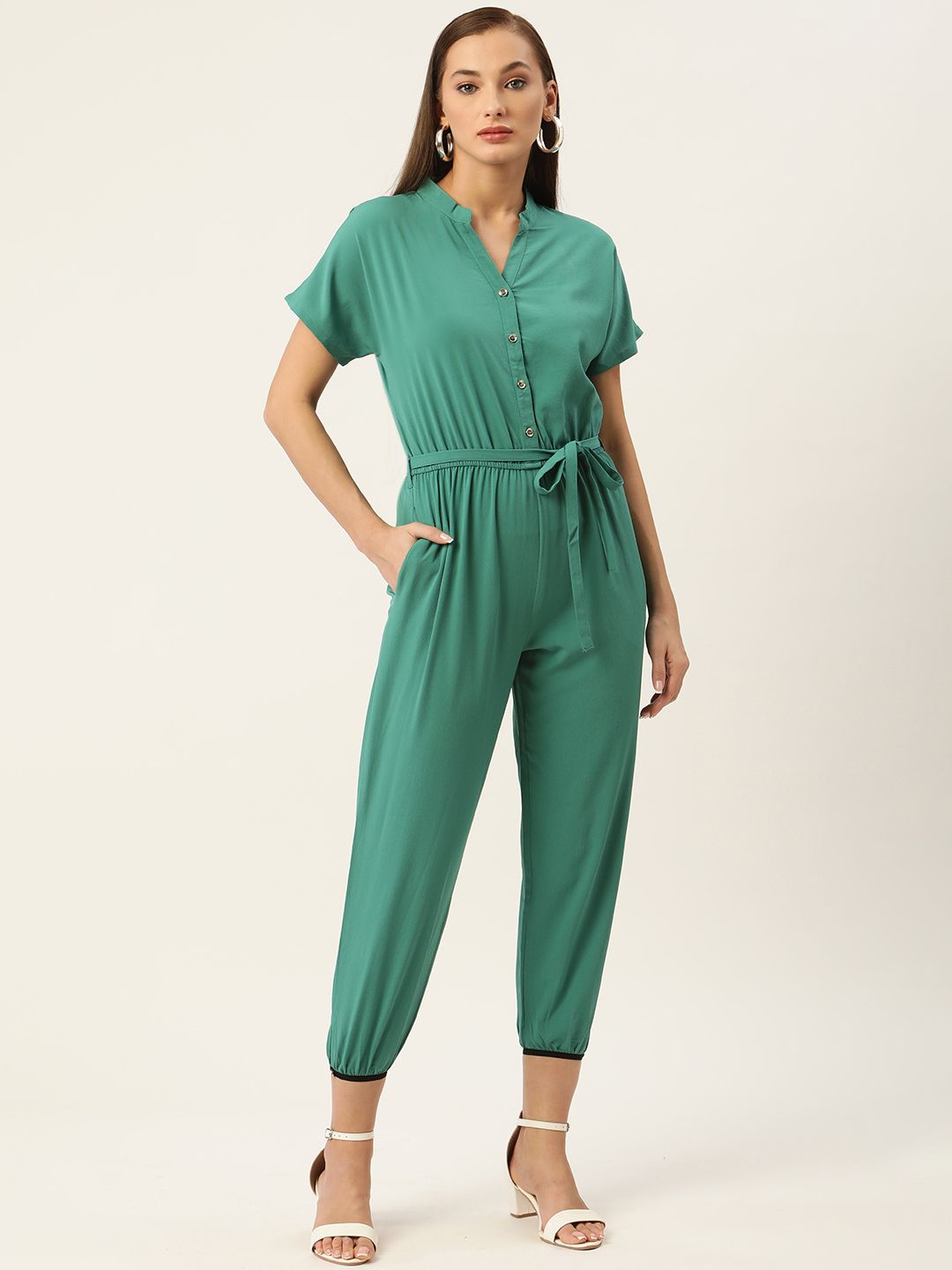 Rue Collection Green Belted Basic Jumpsuit Price in India