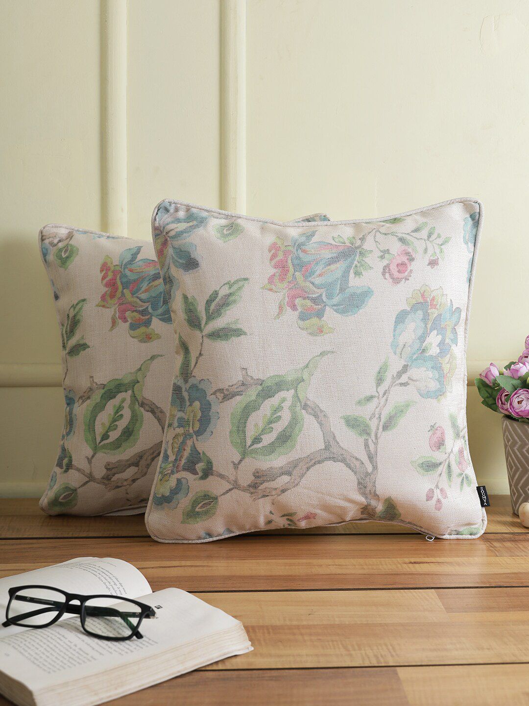 Soumya Turquoise Blue & White Set of 2 Floral Square Cushion Covers Price in India