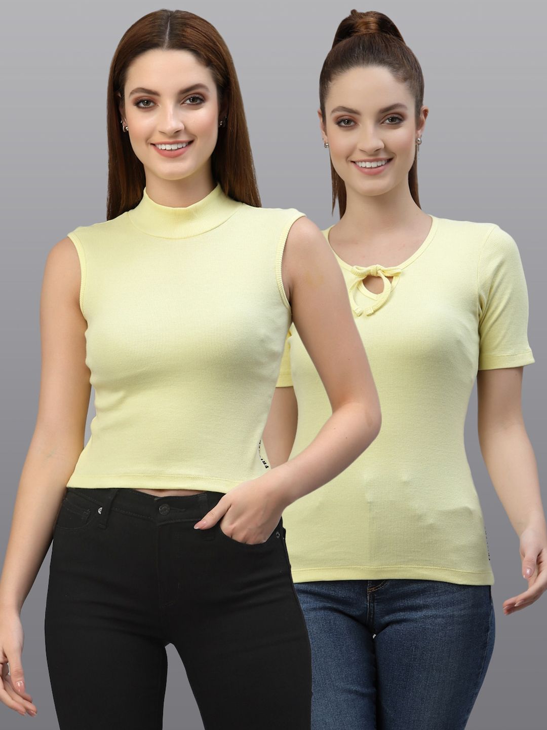 Friskers Women Pack of 2 Yellow Solid Fitted Cotton Rib Top Price in India