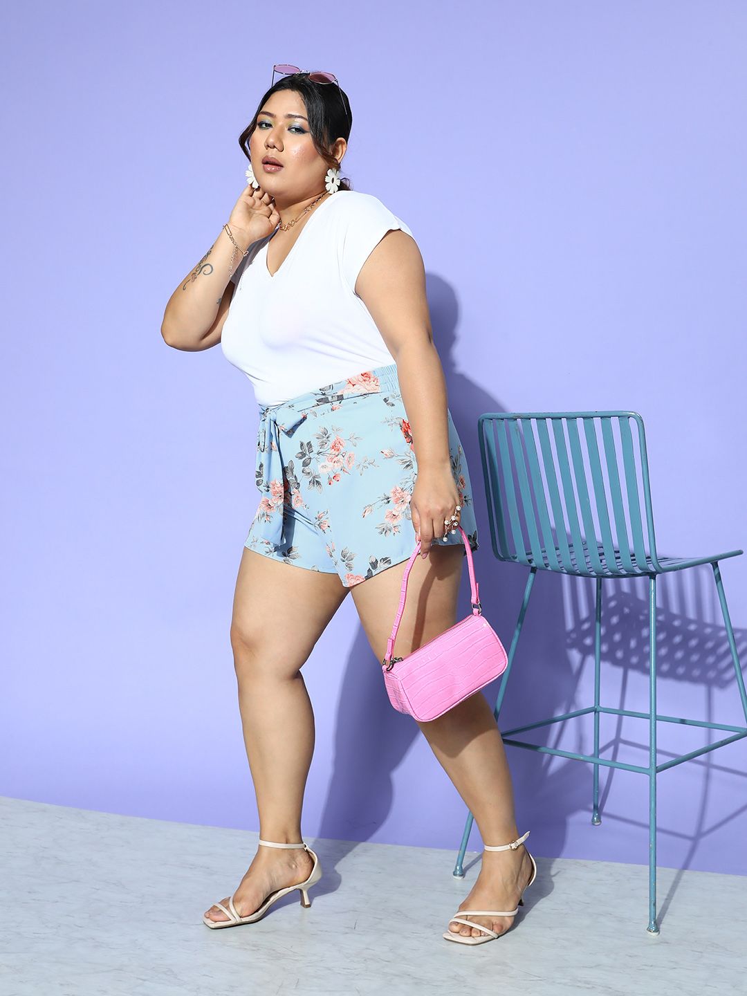 Berrylush Curve Plus Size Women Floral Printed High-Rise Shorts with Belted Detail Price in India