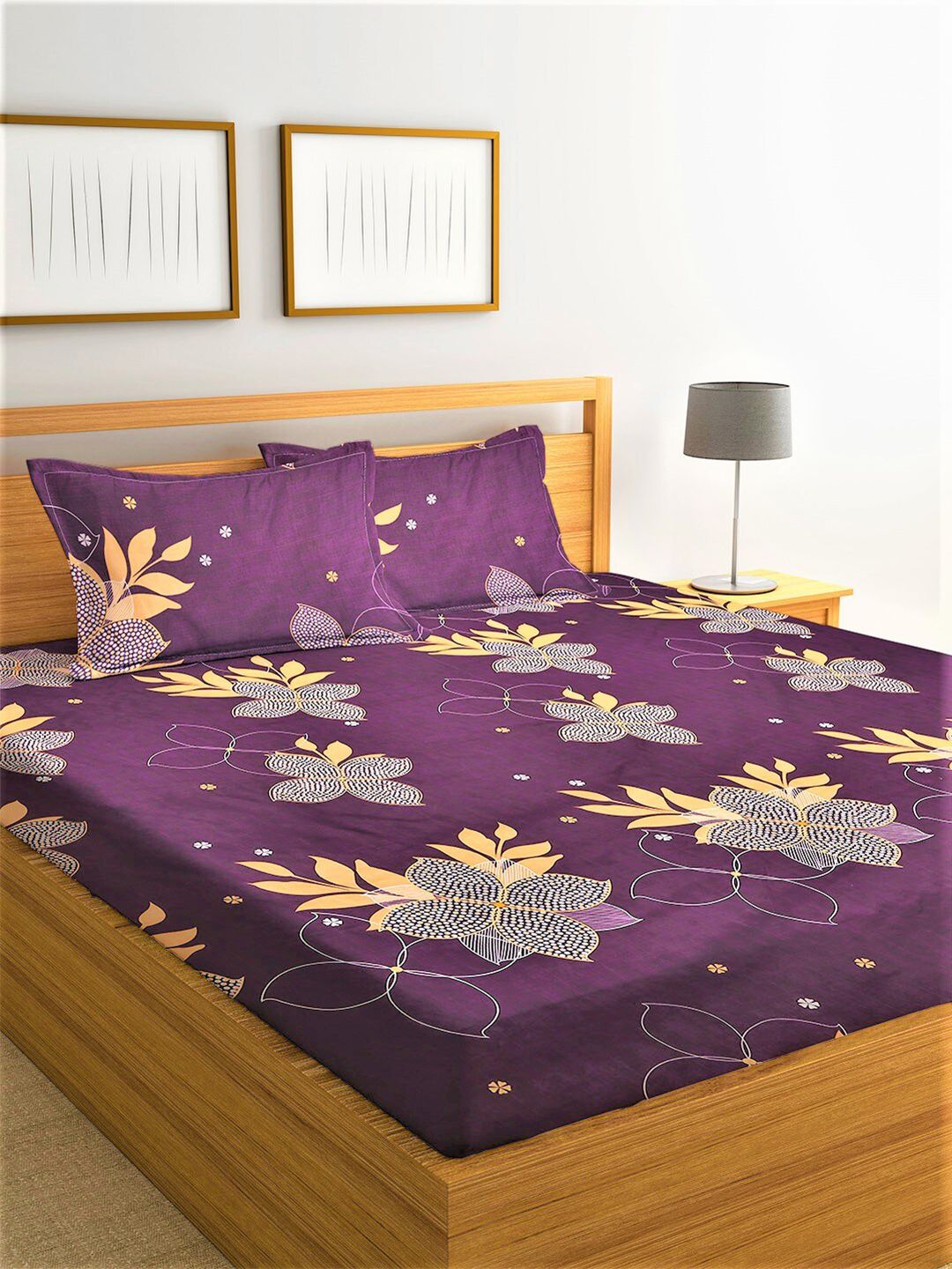 Home Sizzler Purple & Beige Floral 210 TC Cotton Queen Bedsheet with 2 Pillow Covers Price in India