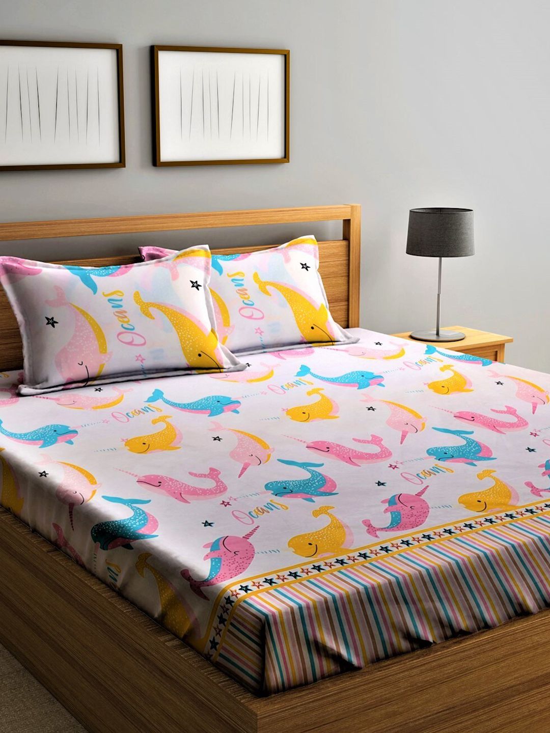 Home Sizzler Pink & Blue Cartoon 210 TC Cotton Queen Bedsheet with 2 Pillow Covers Price in India