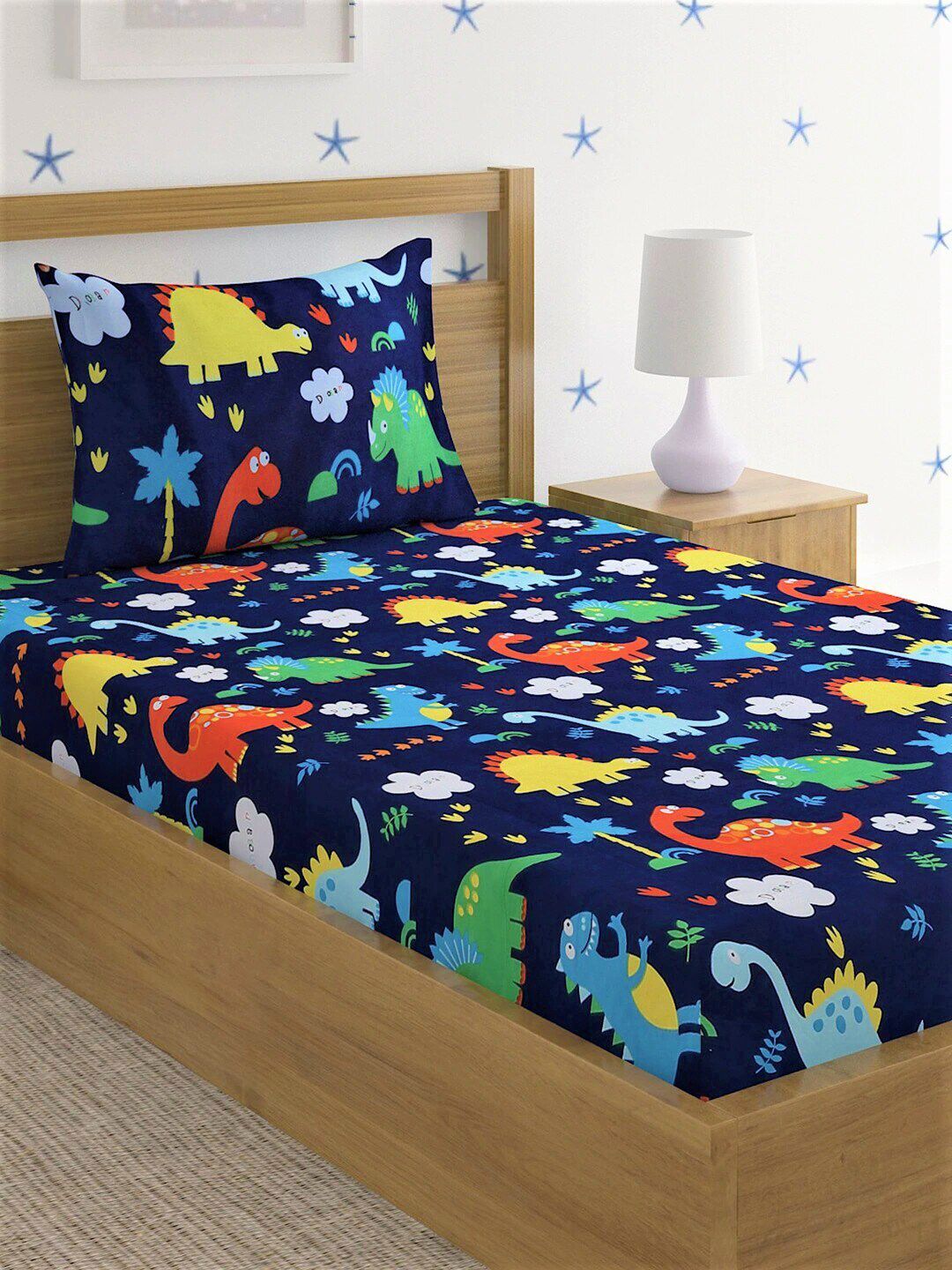 Home Sizzler Blue & Red Cartoon Characters 210 TC Single Bedsheet with 1 Pillow Cover Price in India