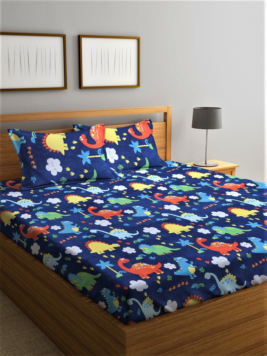 Home Sizzler Blue & Yellow Printed 210 TC Double Queen Bedsheet with 2 Pillow Covers Price in India