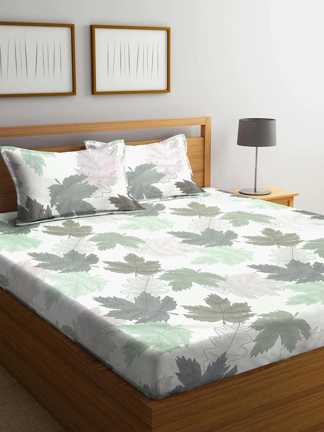 Home Sizzler White & Grey Floral 210 TC Cotton King Bedsheet with 2 Pillow Covers Price in India