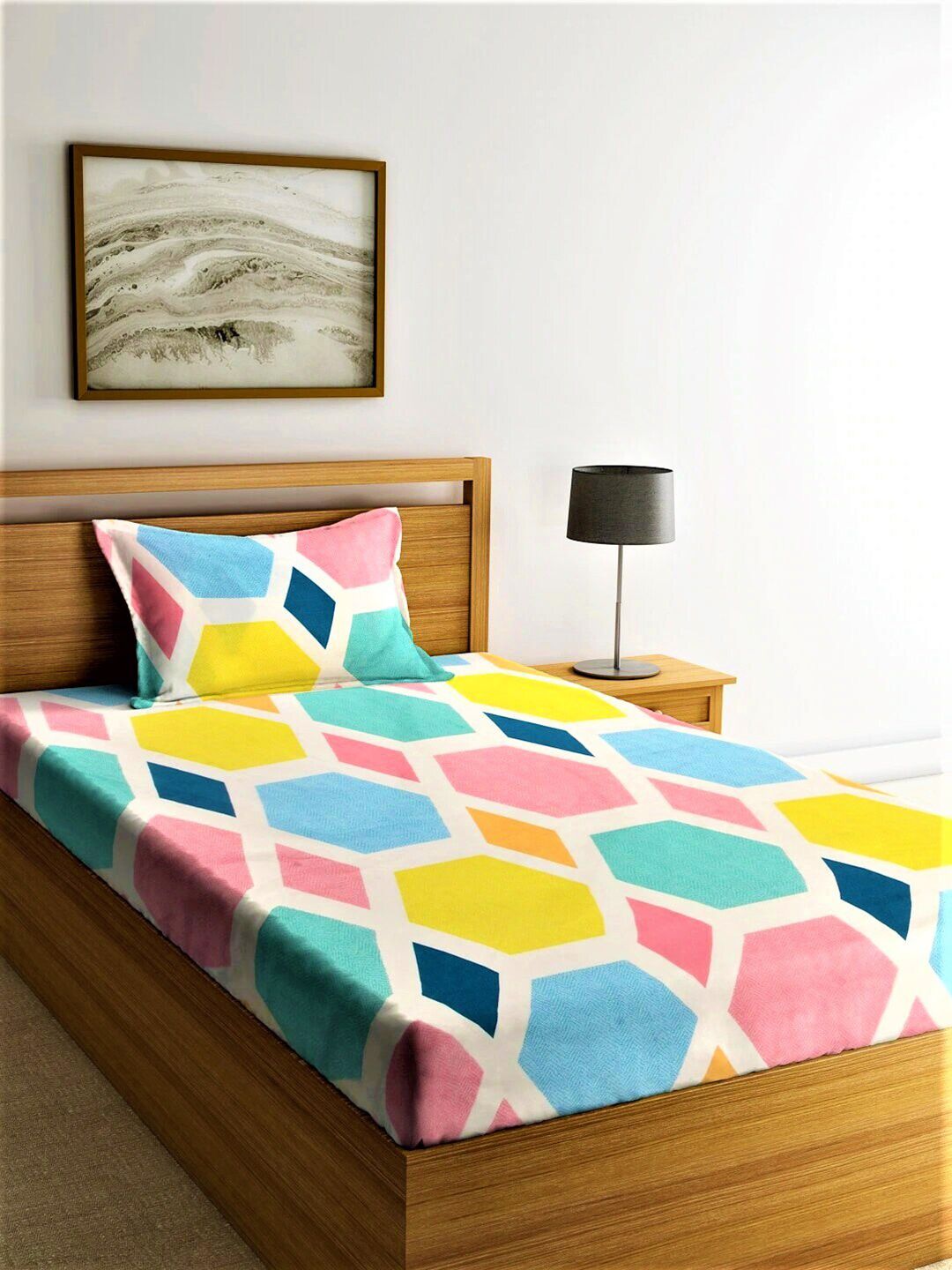 Home Sizzler Blue & Yellow Geometric 210 TC Single Bedsheet with 1 Pillow Covers Price in India