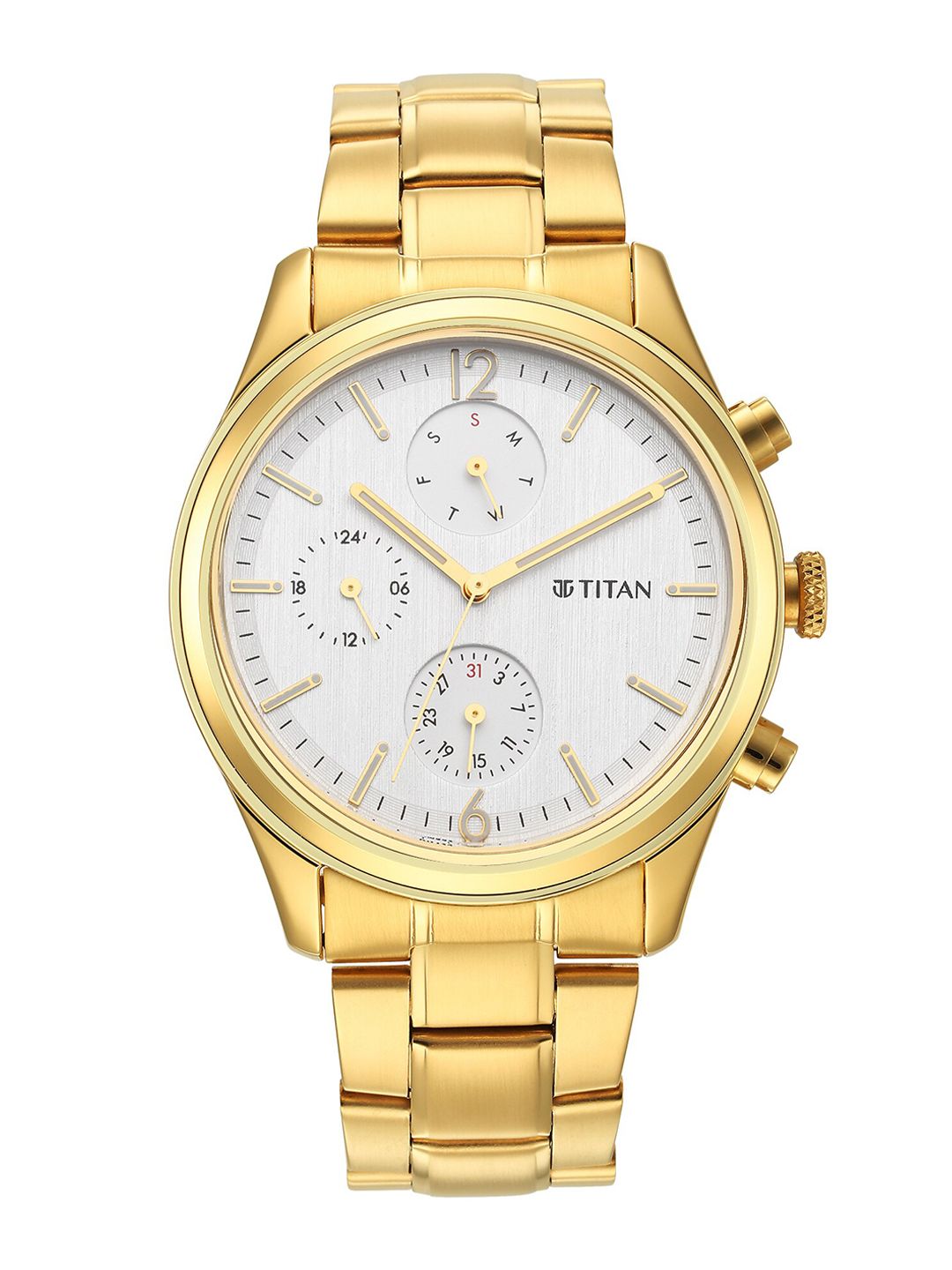 Titan Men Gold-Toned Brass Mother of Pearl Dial & Stainless Steel Bracelet Style Straps Analogue Watch