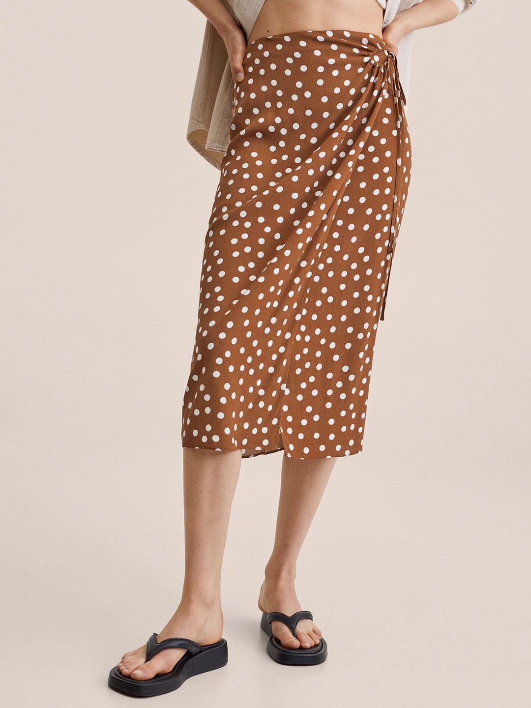 MANGO Women Brown and White Polka Dot Printed Skirt Price in India