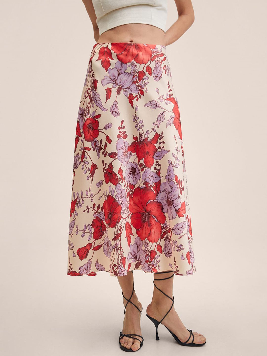 MANGO Women Off-White & Lavender Floral Printed Midi Skirt Price in India