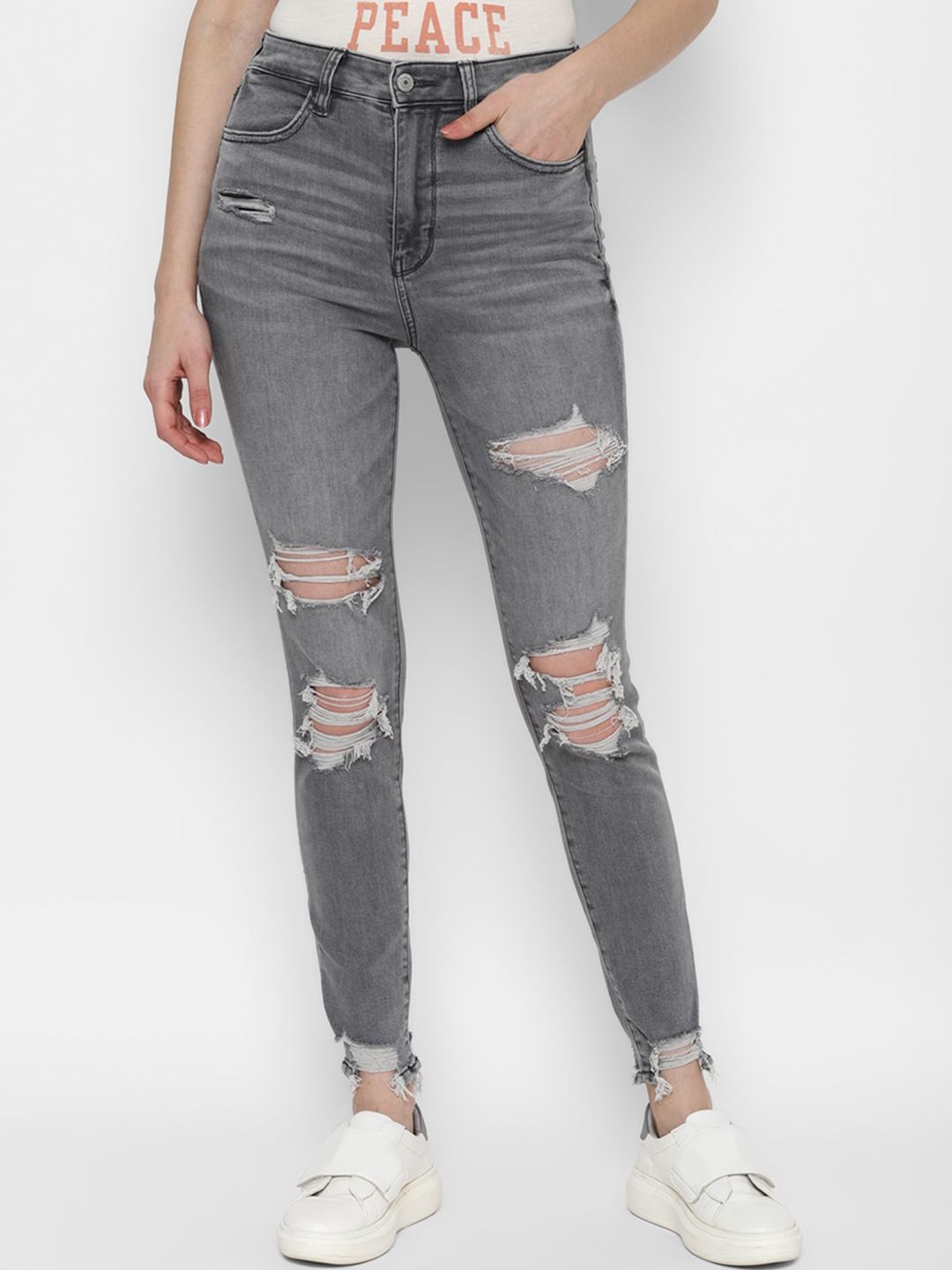 AMERICAN EAGLE OUTFITTERS Women Grey Slim Fit Highly Distressed Light Fade Jeans Price in India