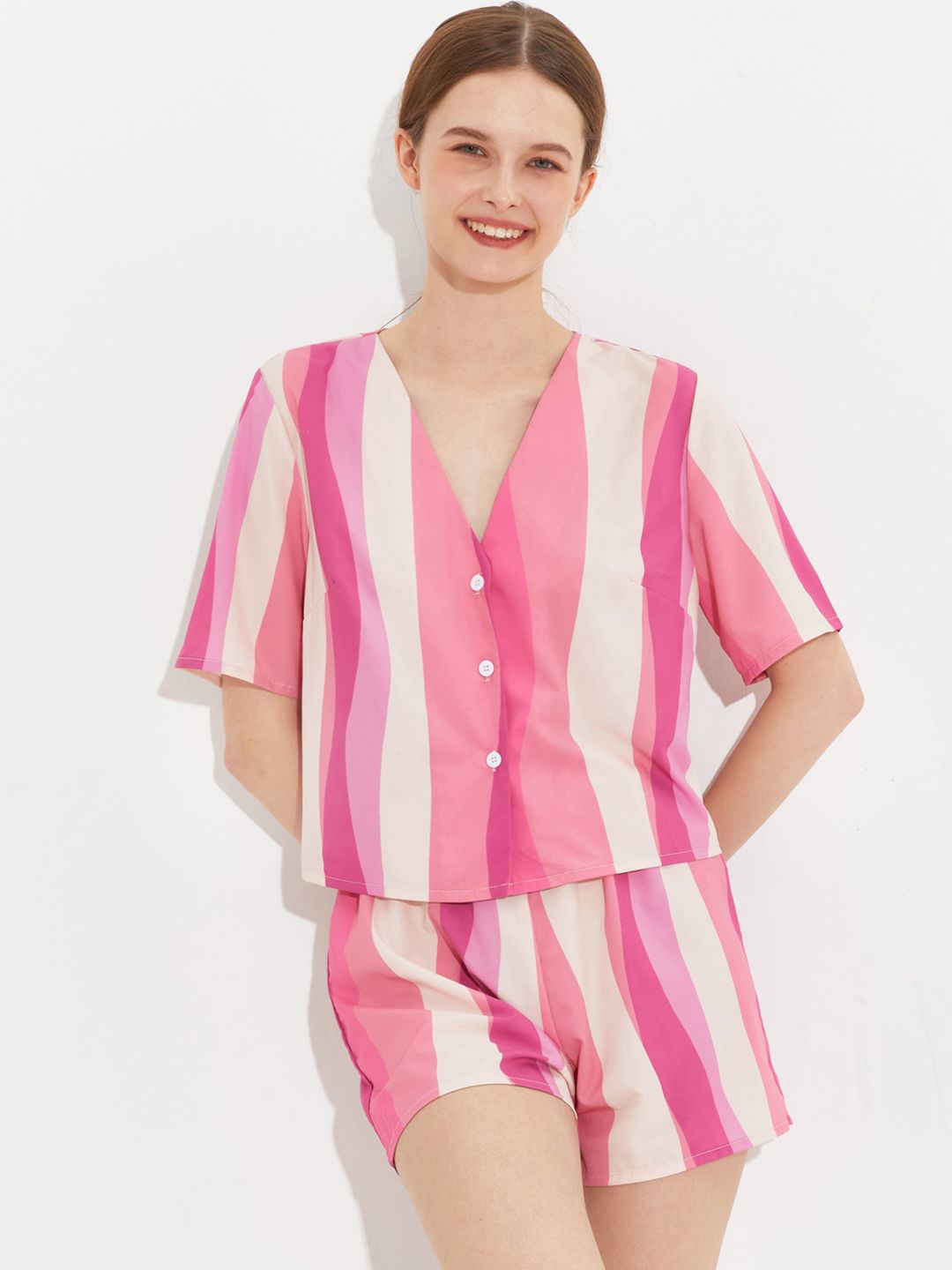 URBANIC Women Pink & White Striped Night suit Price in India