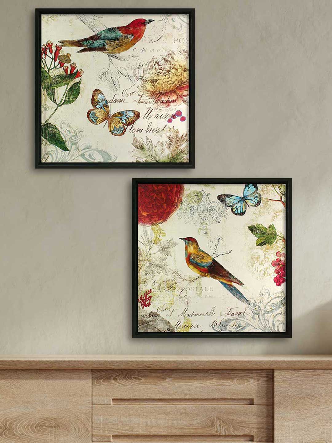 Art Street 2 Piece Multi Colored  Bird & Butterfly Canvas Painting Wall Art Price in India
