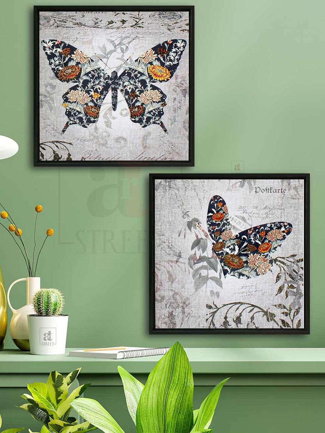 Art Street Set of 2 Grey & Black Butterfly Canvas Painting Wall Art Price in India