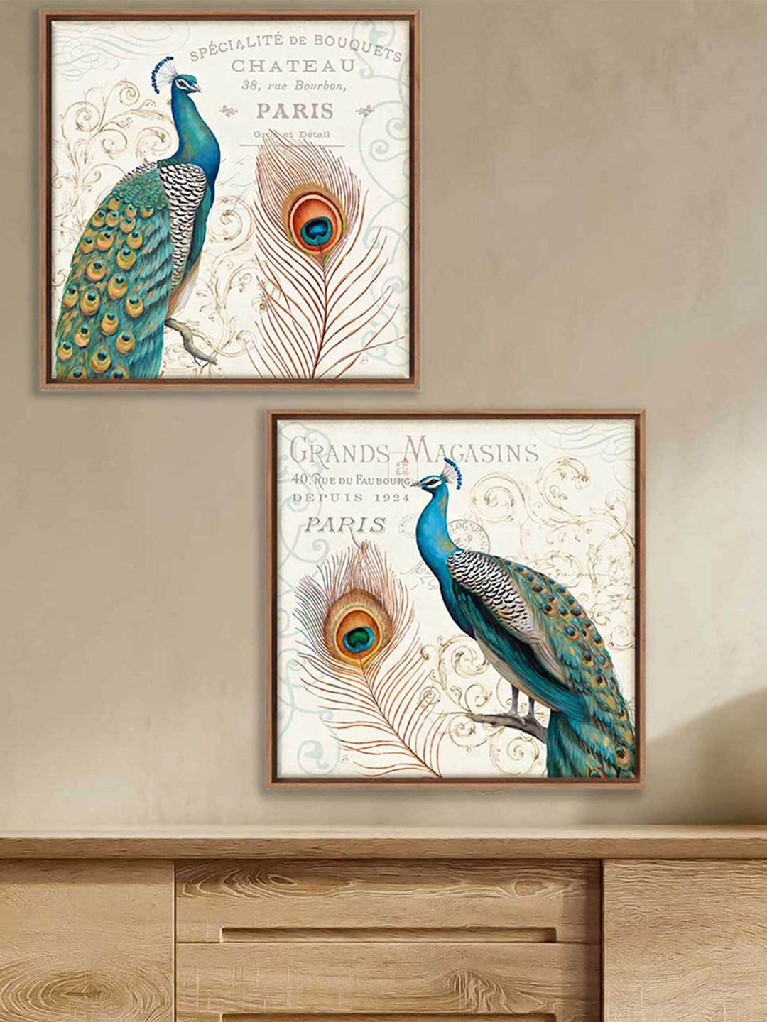 Art Street Set of 2 Turquoise Blue Peacock Theme Canvas Painting Wall Art Price in India
