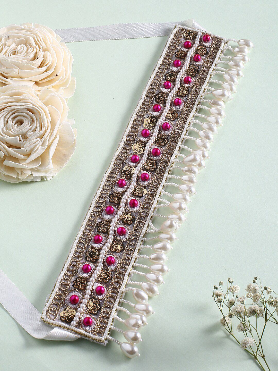 justpeachy White & Gold-Toned Beaded Choker Necklace Price in India