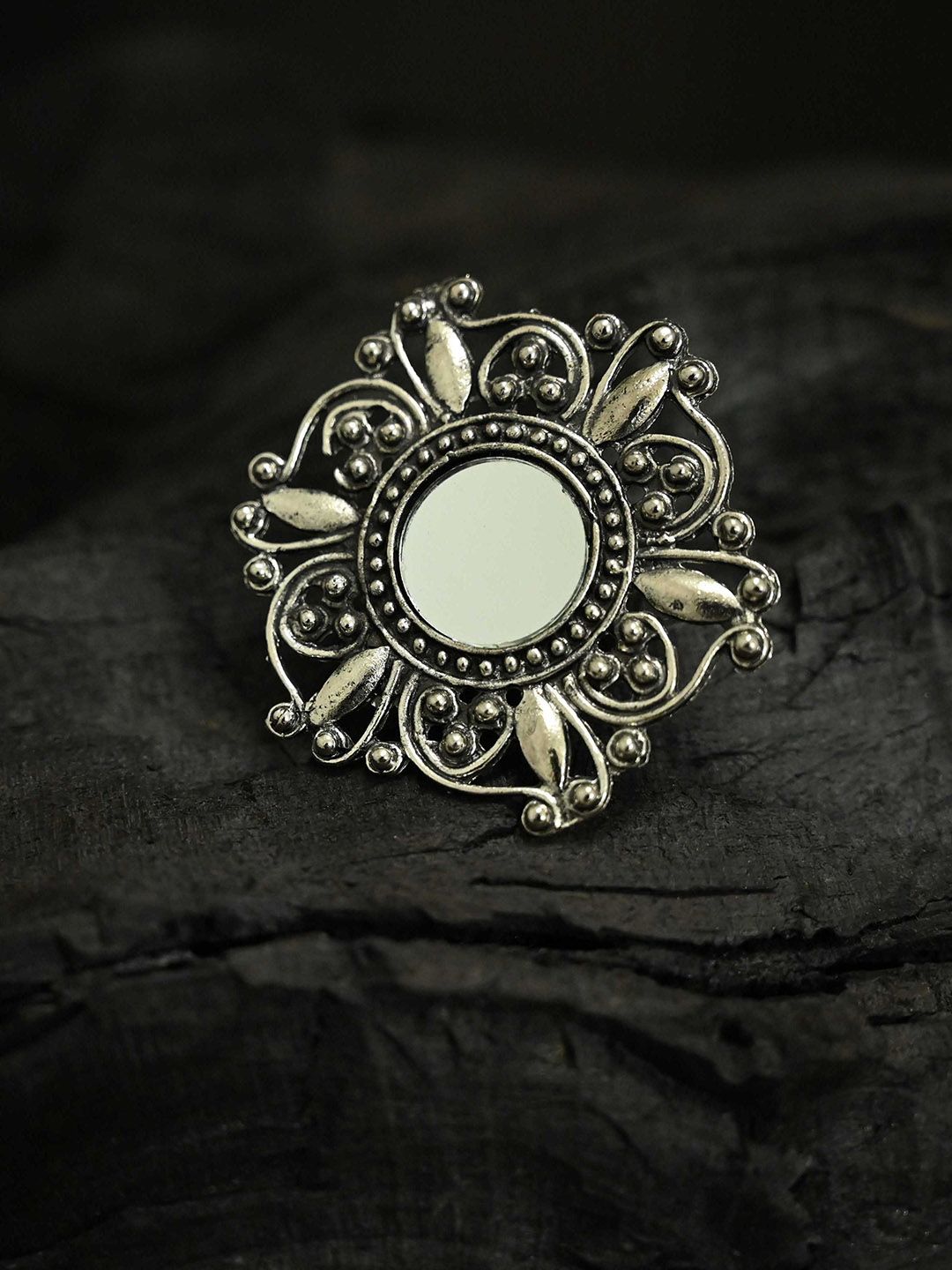 justpeachy Silver-Plated White Stone Studded Oxidized Adjustable Finger Ring Price in India