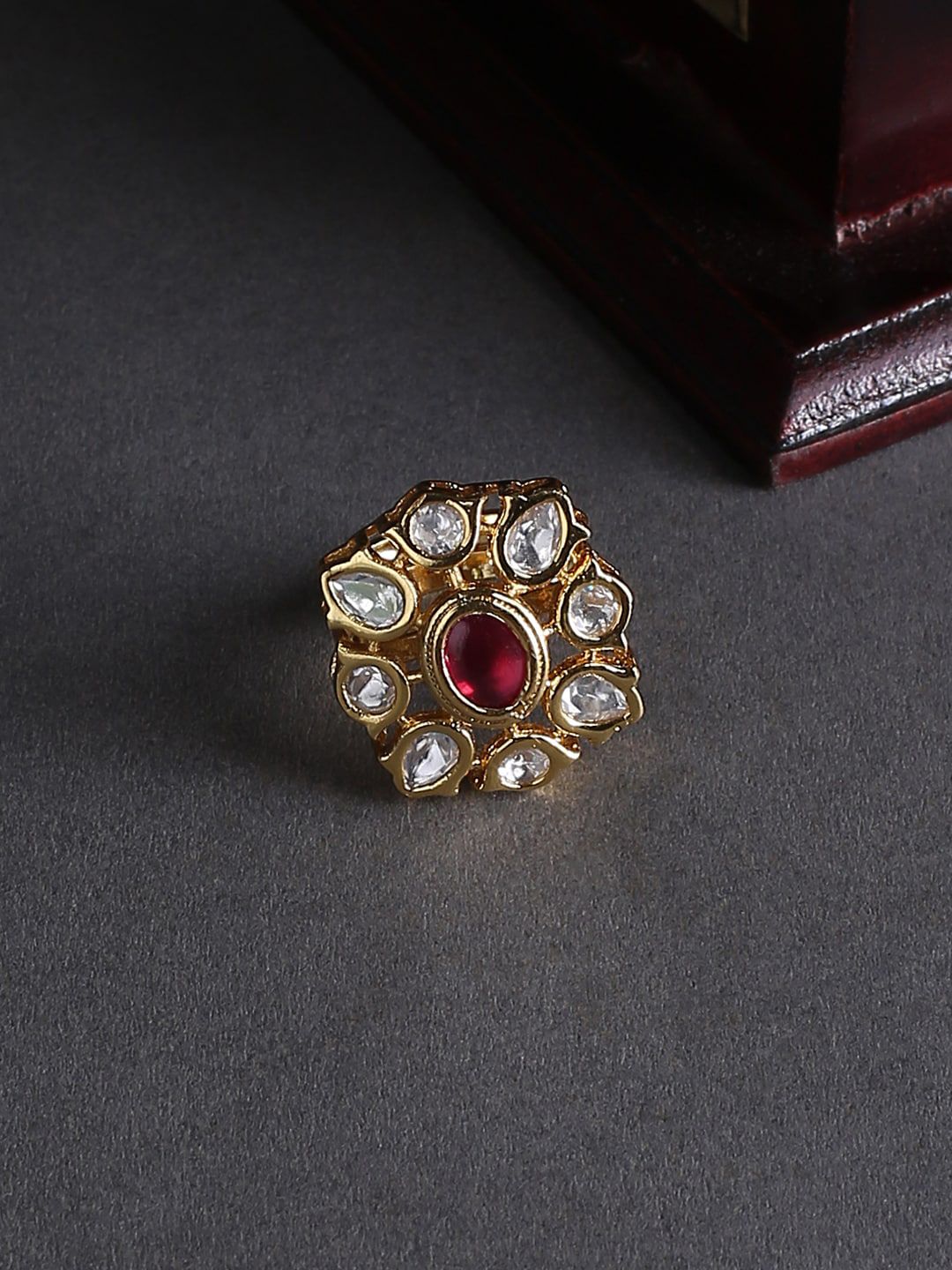 justpeachy Gold-Plated Red Kundan-Studded Finger Ring Price in India