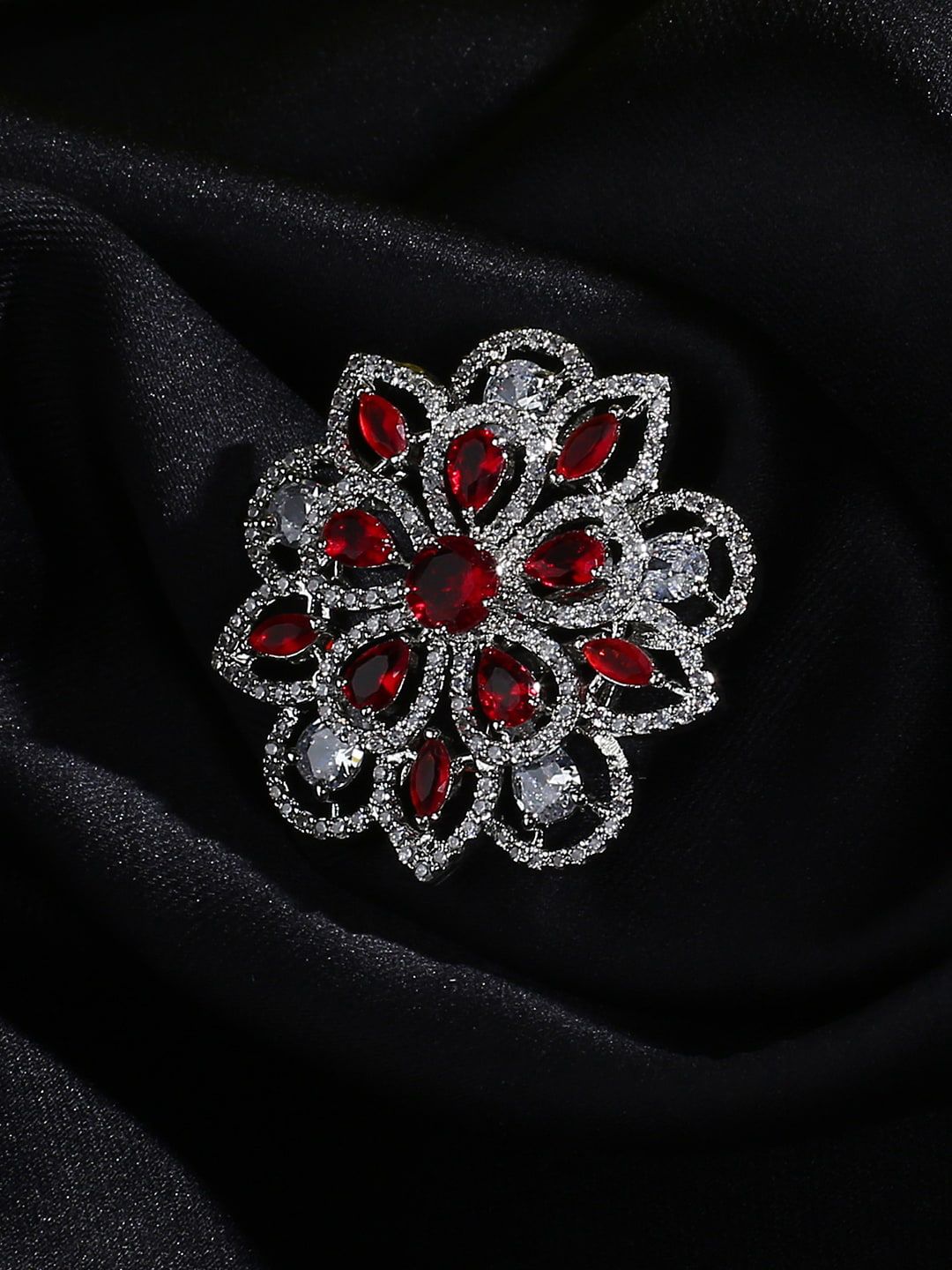 justpeachy Silver-Plated Red AD Studded Ring Price in India