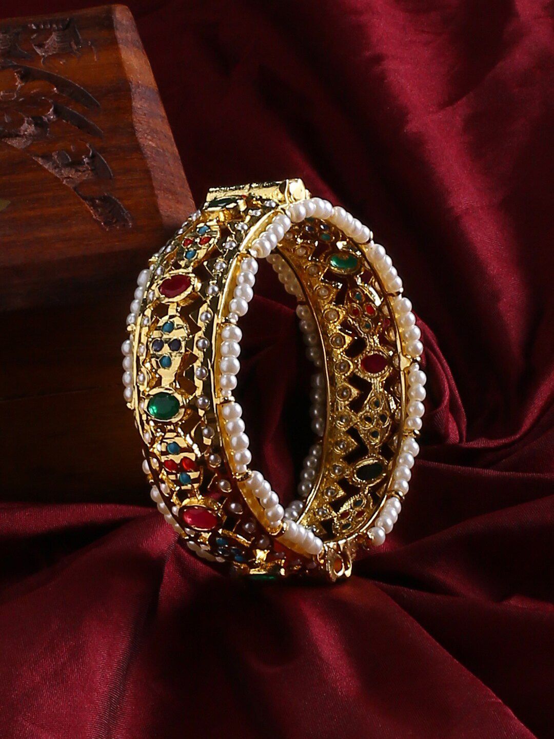 justpeachy Women Gold-Plated & Green Bangle-Style Bracelet Price in India