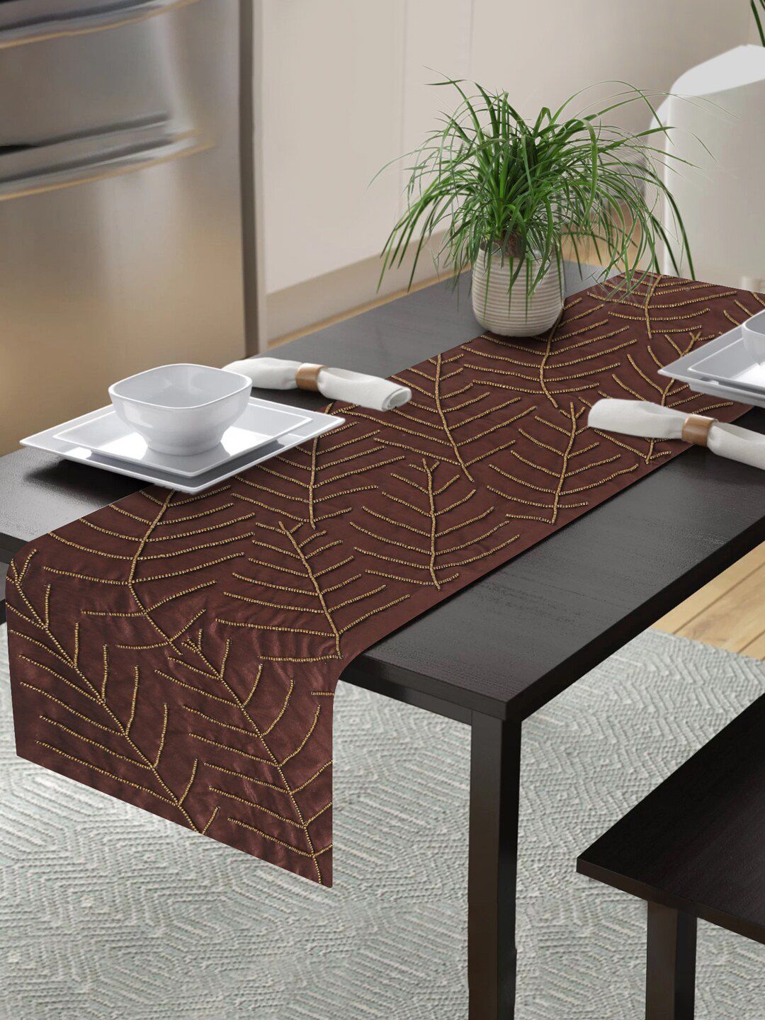 Alina decor Brown & Gold-Coloured Embellished 6-Seater Table Runner Price in India