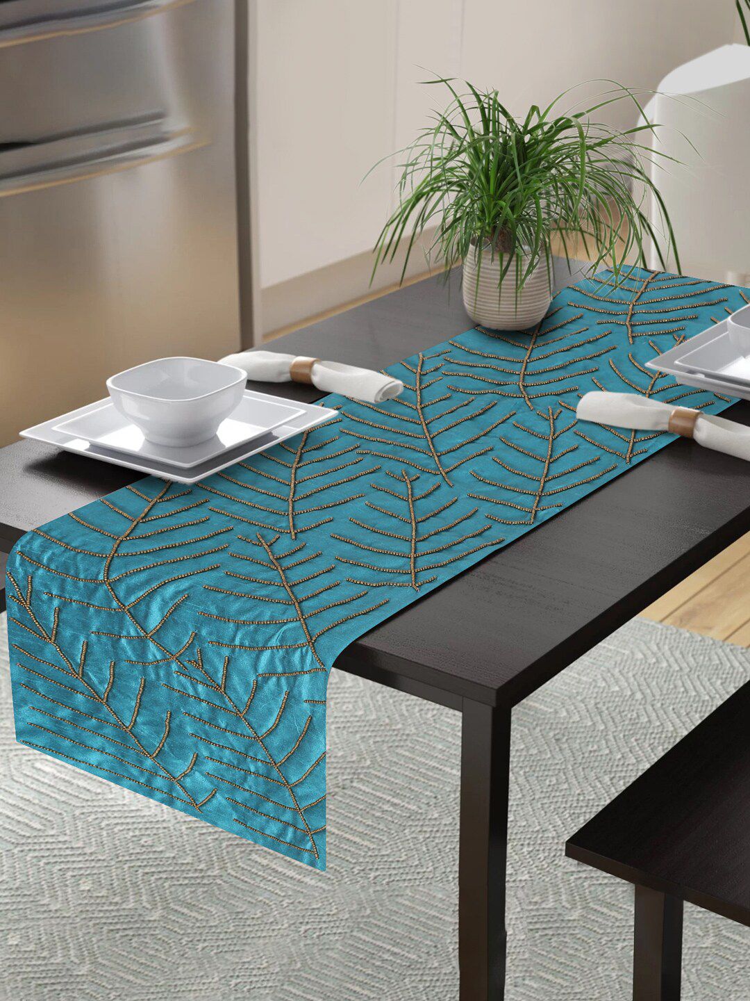 Alina decor Teal Blue & Brown Embellished 6-Seater Table Runner Price in India