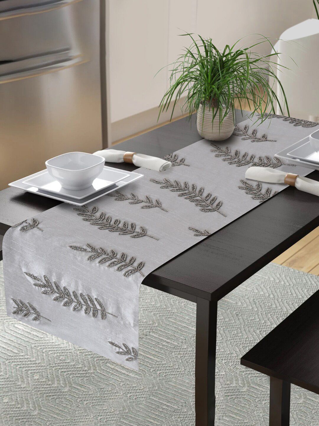 Alina decor Grey Embellished 6-Seater Table Runner Price in India