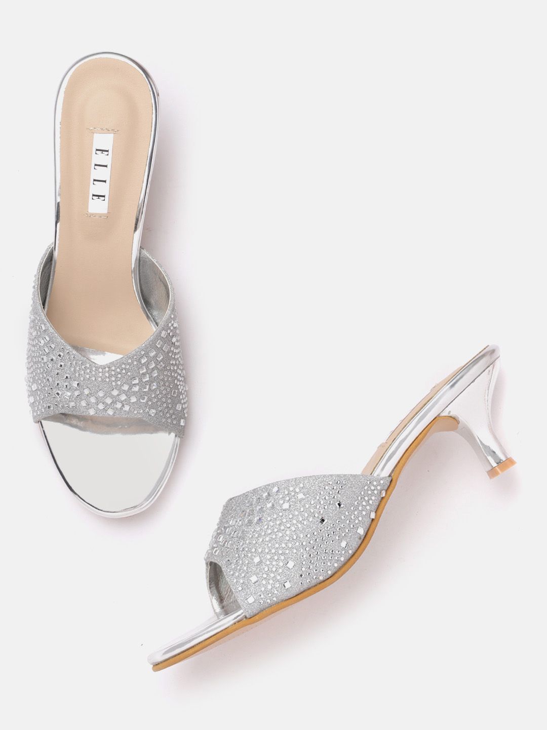 ELLE Women Silver-Toned Stone Embellished Heels Price in India