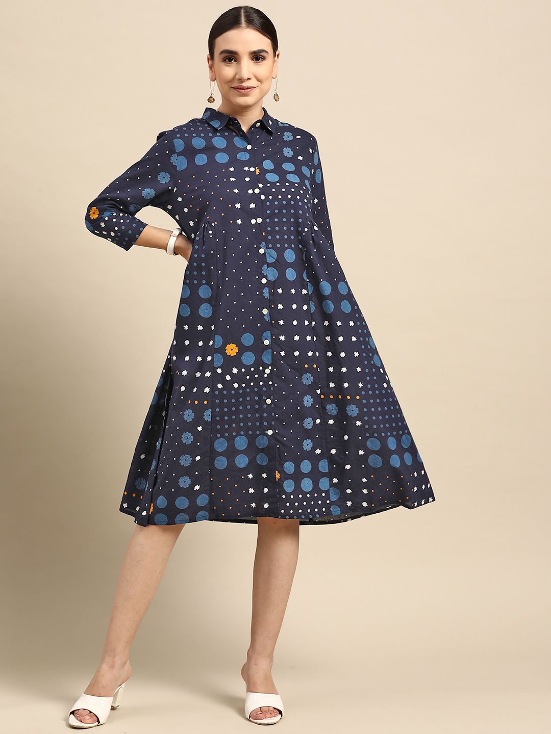 Anouk Navy Blue & White Pure Cotton Geometric Printed Shirt Style Midi Dress Price in India