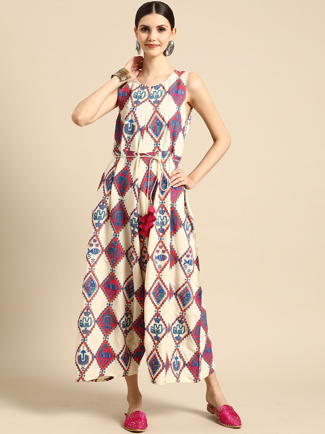 Anouk Off White & Blue Ethnic Motifs Printed Jumpsuit Price in India