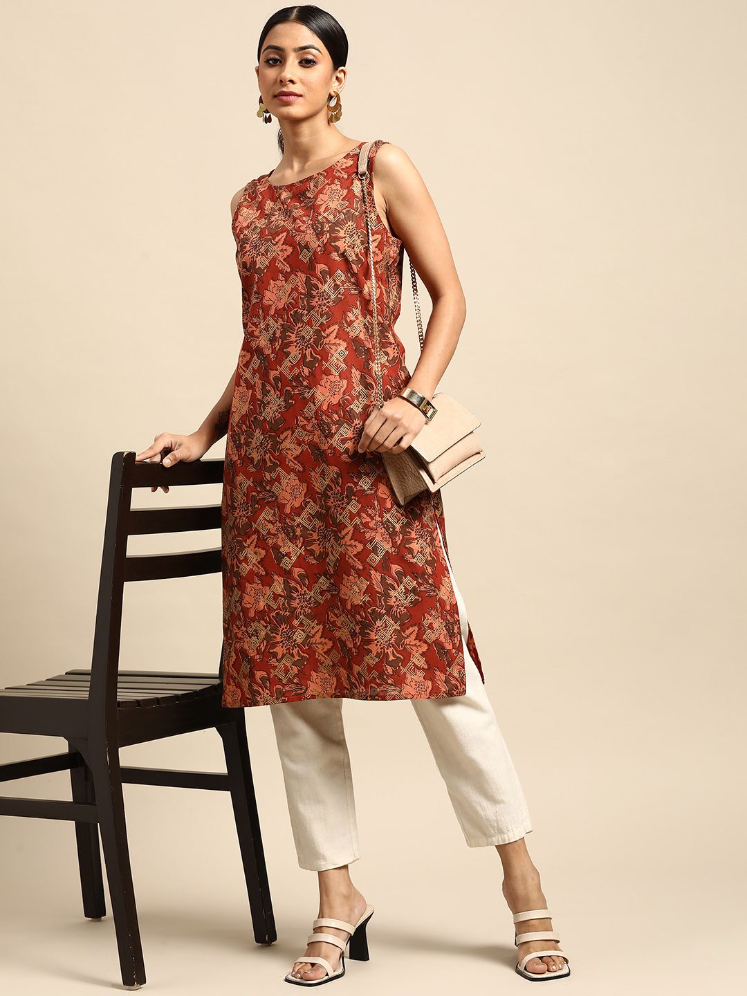 Anouk Women Rust Brown & Gold-Toned Pure Cotton Floral Printed Kurta