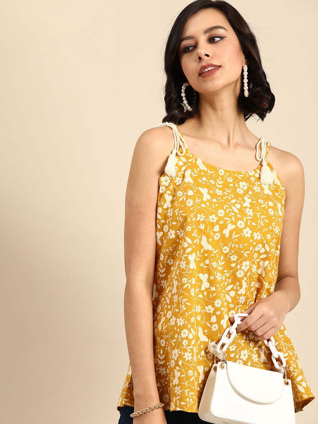 Anouk Yellow & White Floral Print Pure Cotton Regular Top