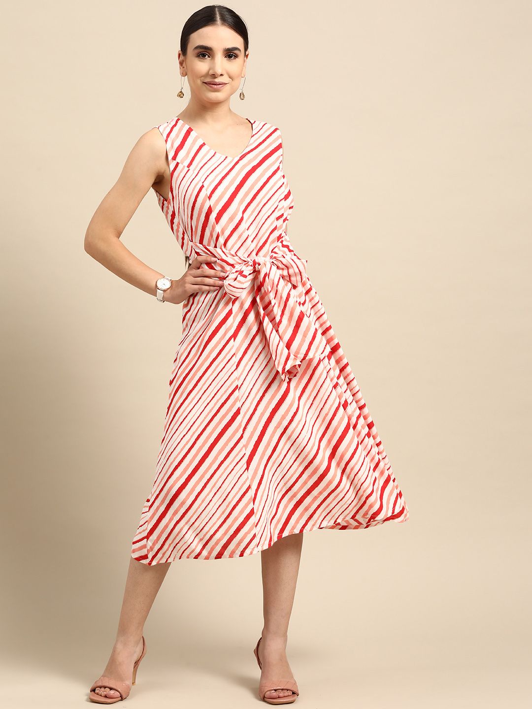 Anouk White & Red Striped A-Line Midi Dress Price in India