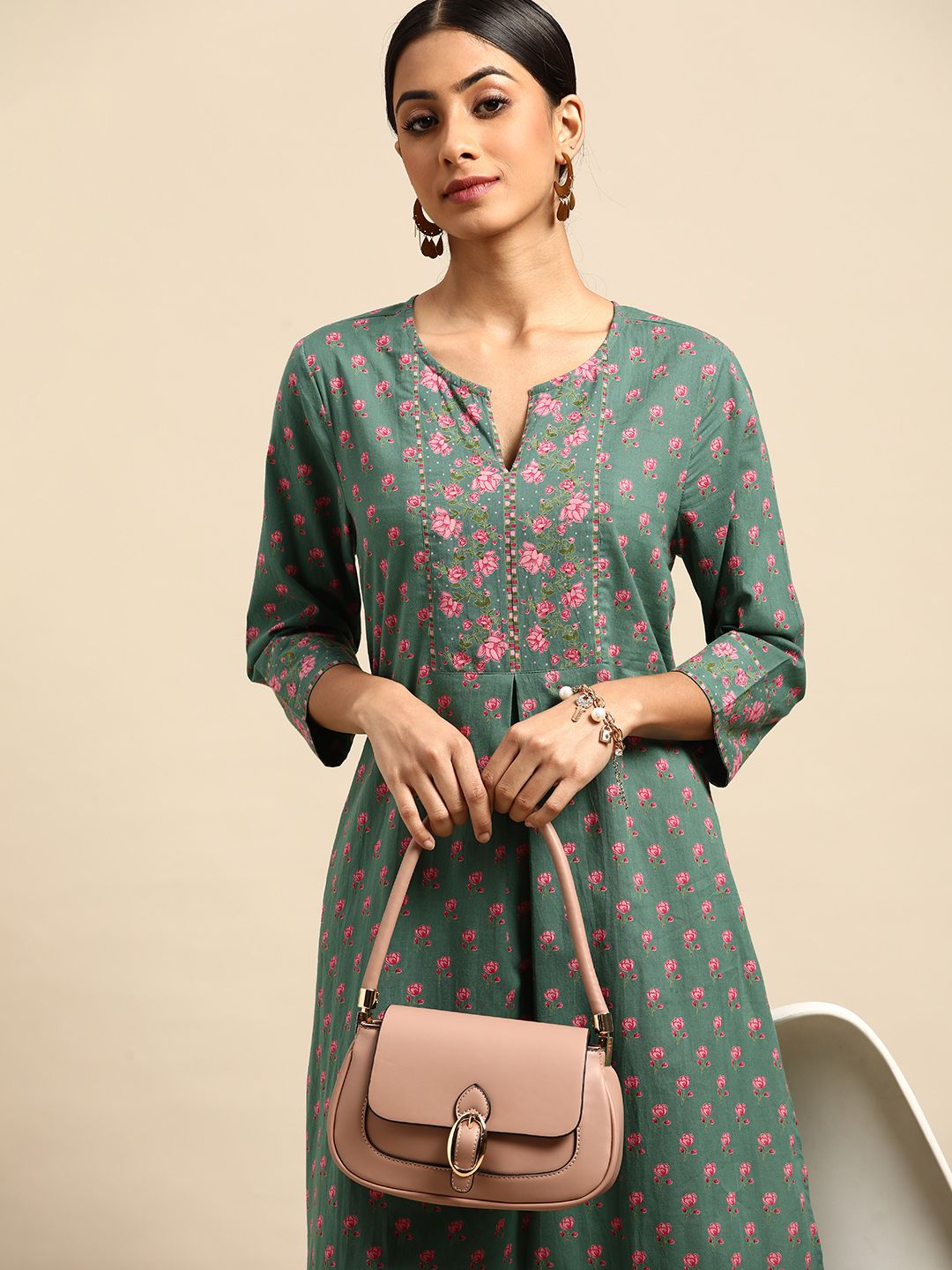 Anouk Women Green & Pink Ethnic Motifs Printed Kurta Price in India