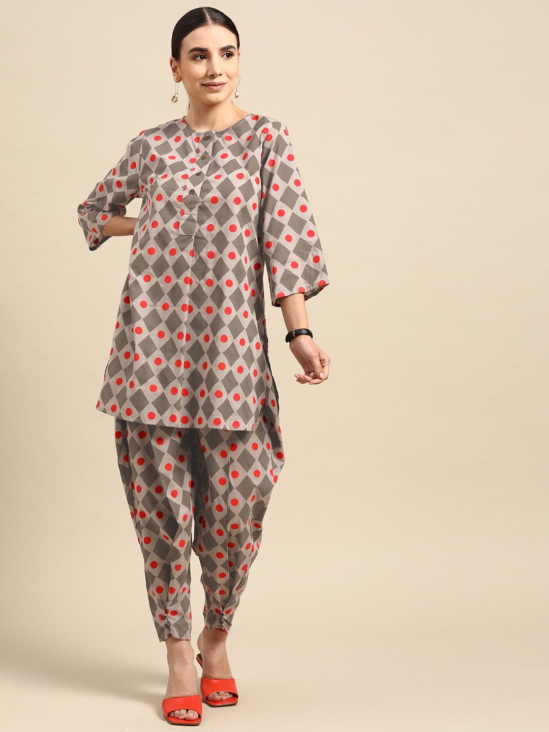 Anouk Women Grey & Red Geometric Printed Pure Cotton Kurti with Dhoti Pants Price in India