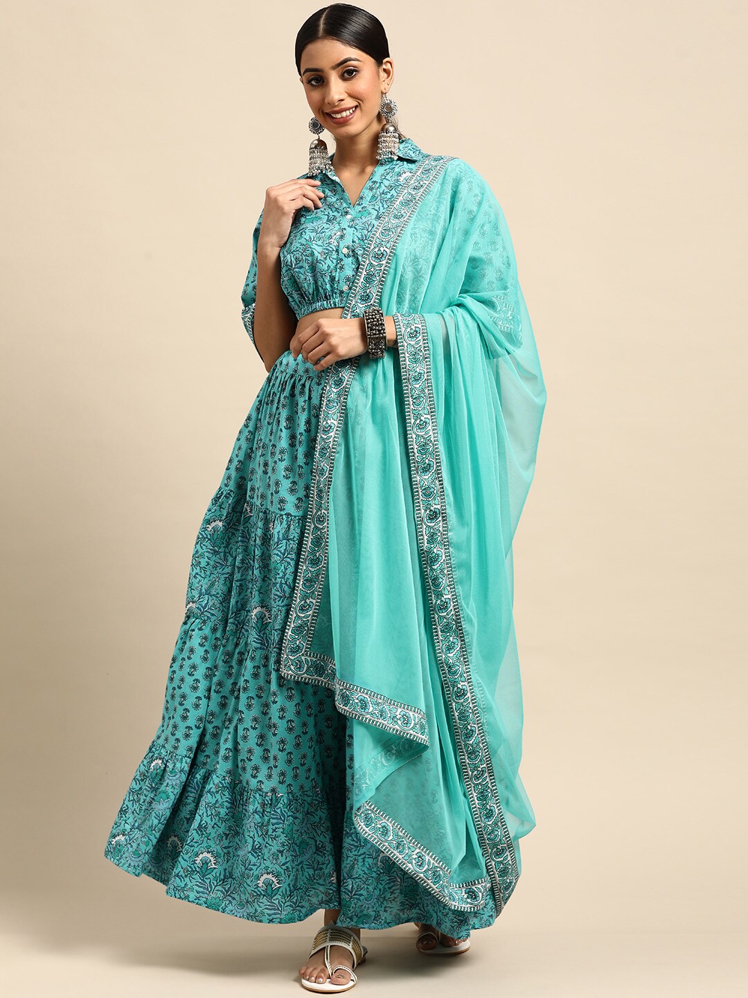 Anouk Blue Pure Cotton Printed Ready to Wear Fusion Lehenga & Blouse With Dupatta Price in India
