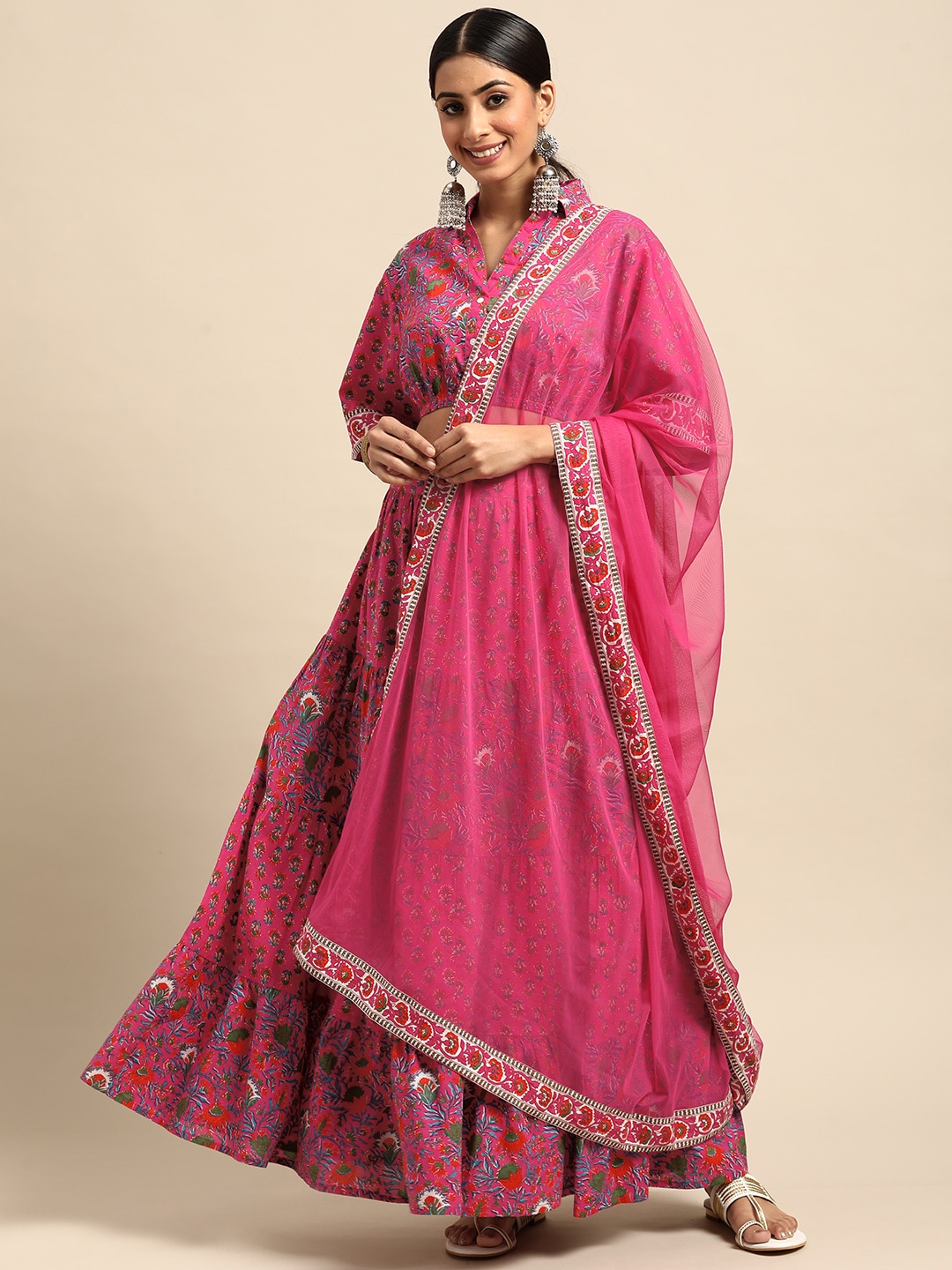 Anouk Pink & Blue Pure Cotton Printed Ready to Wear Fusion Lehenga & Blouse With Dupatta Price in India