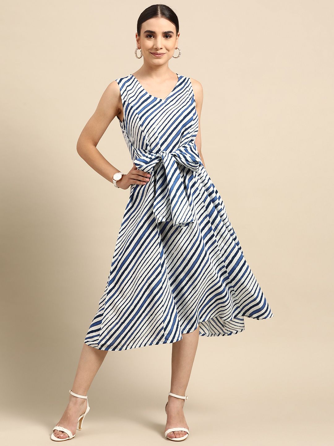 Anouk White & Blue Striped A-Line Midi Dress Price in India