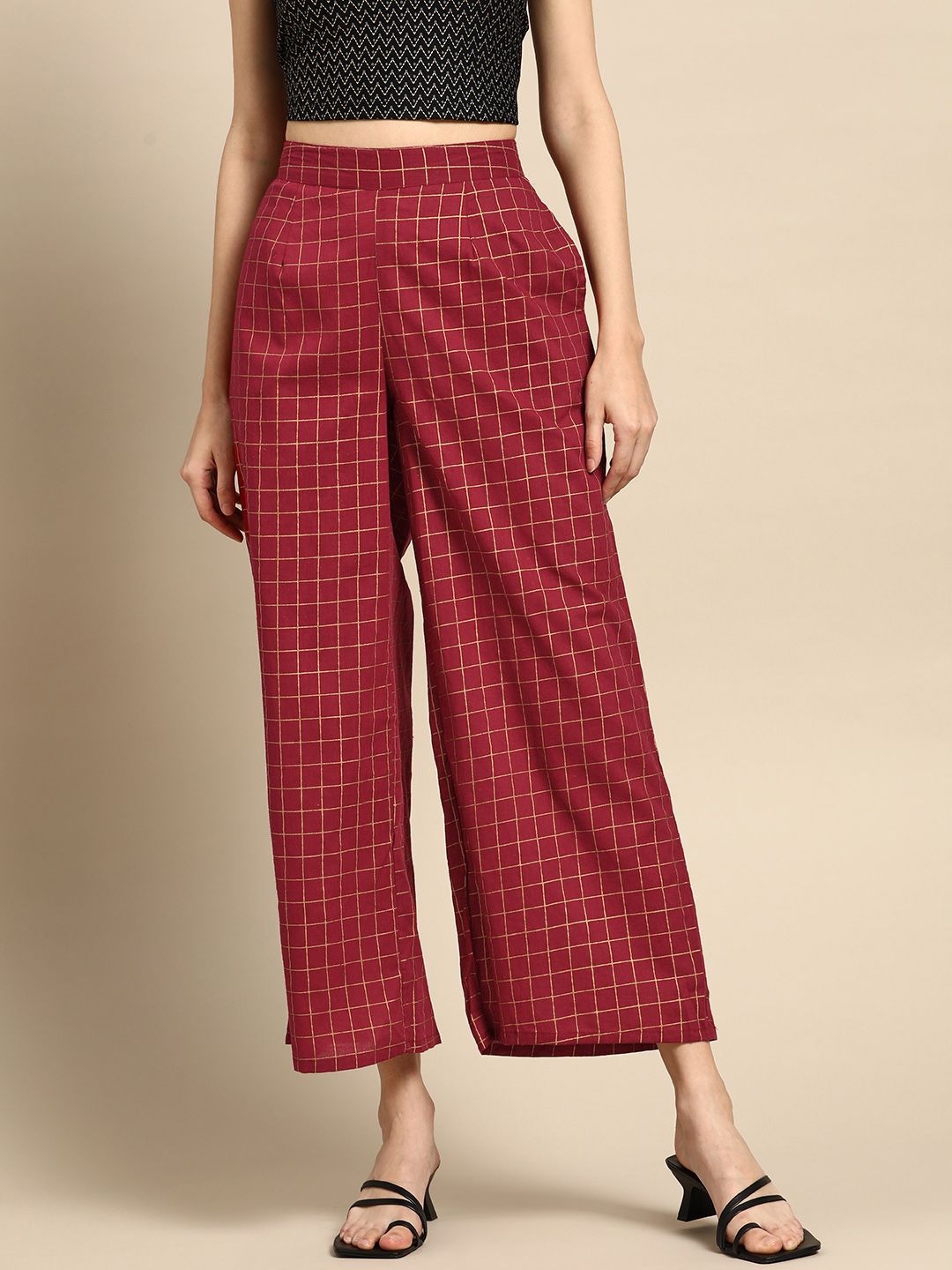 Anouk Women Rust Red & Gold-Toned Pure Cotton Checked Cropped Ethnic Palazzos Price in India