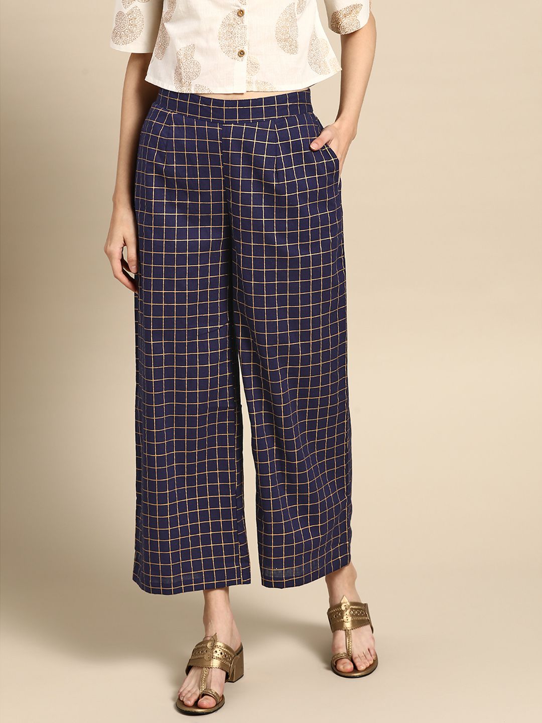 Anouk Women Navy Blue & Gold-Toned Pure Cotton Checked Cropped Ethnic Palazzos Price in India