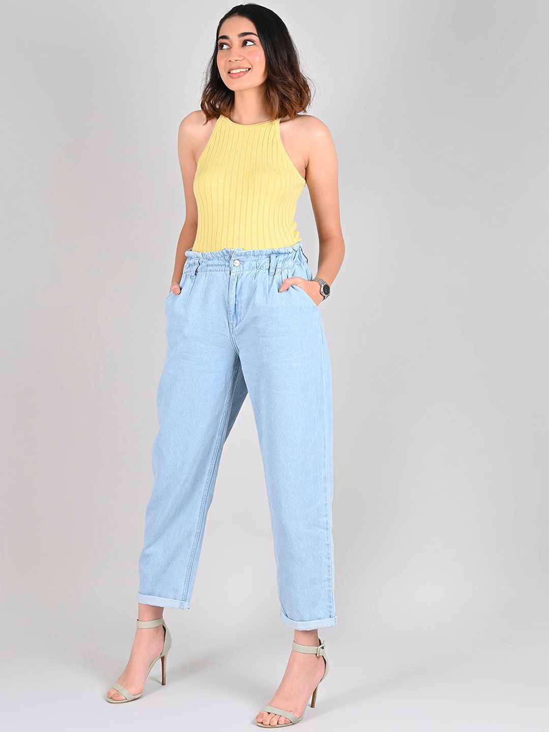 FREAKINS Women Stylish Blue High-Rise Tapered Fit Cropped Jeans Price in India