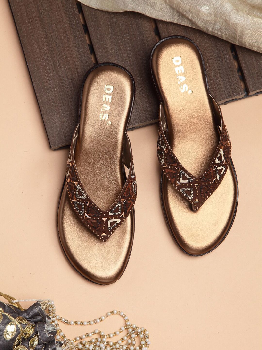 DEAS Women Copper-Toned Embellished T-Strap Flats Price in India