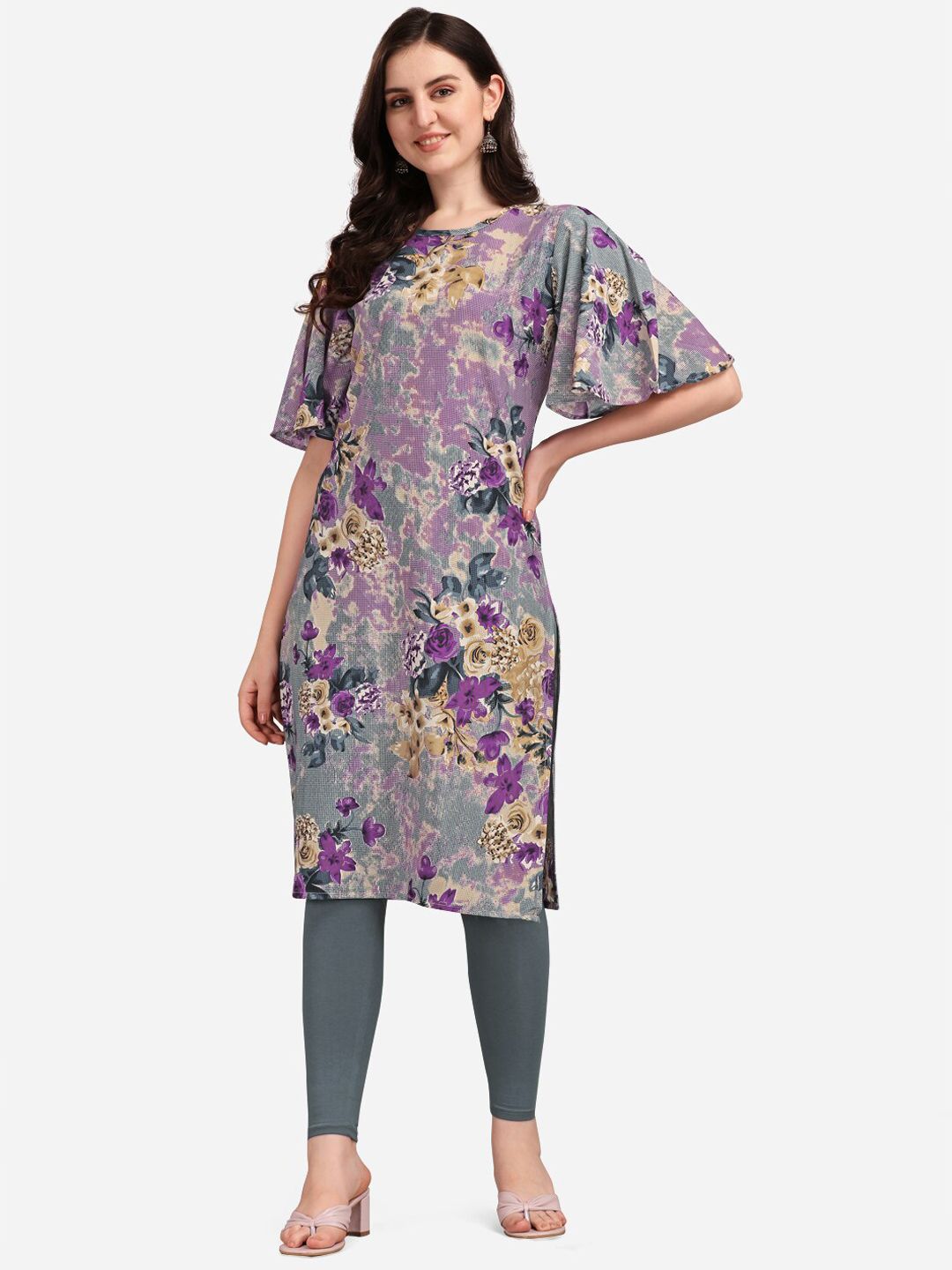 KALINI Women Lavender Floral Printed Flared Sleeves Crepe Kurta Price in India