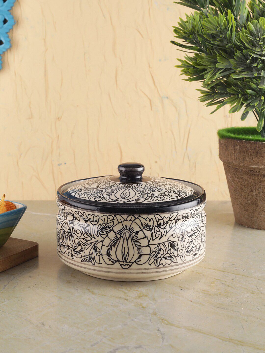 VarEesha  Off White & Black Printed Ceramic Serving Bowl With Lid Price in India