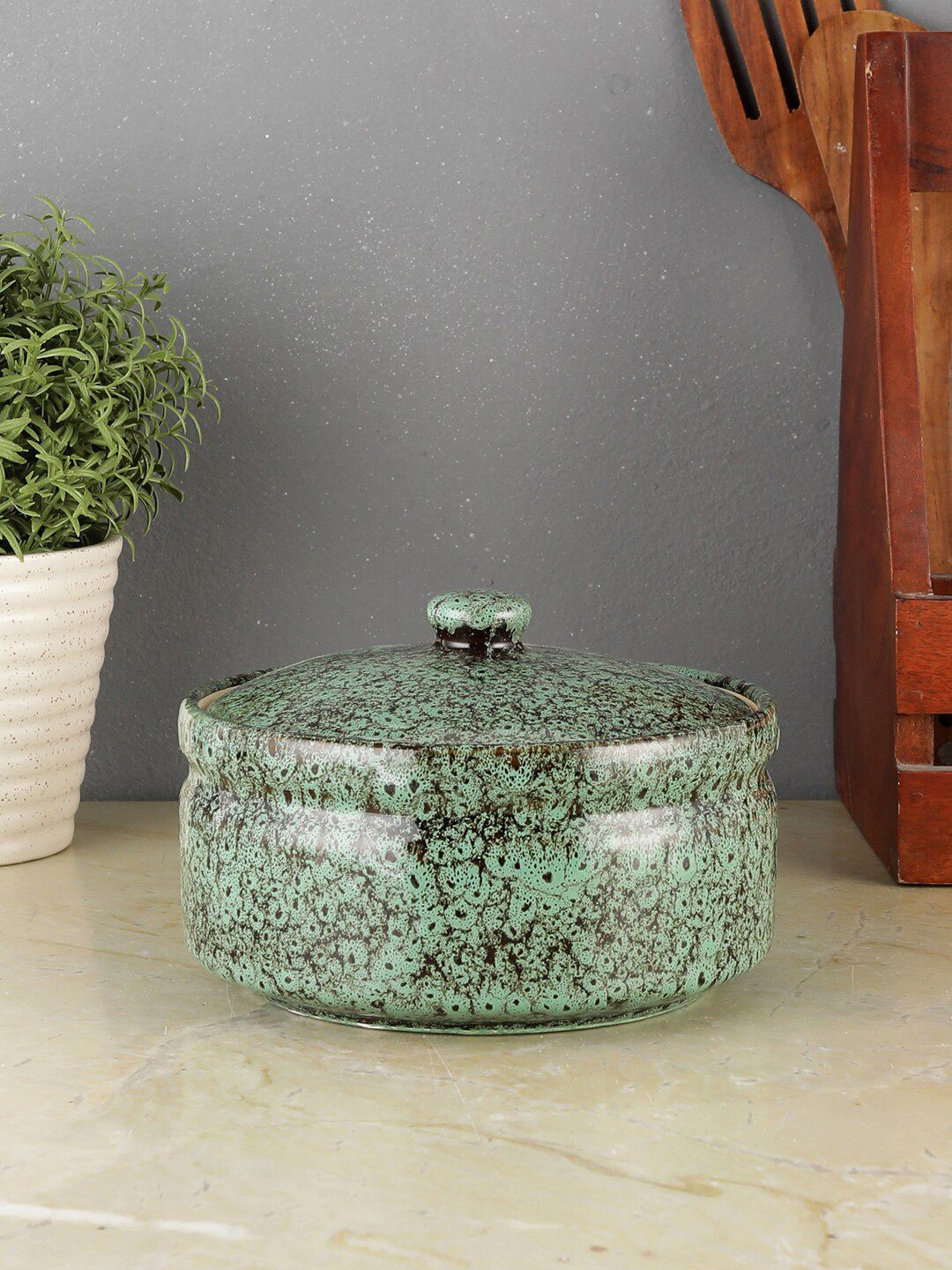 VarEesha Green Ceramic Serving Bowl With Lid Price in India