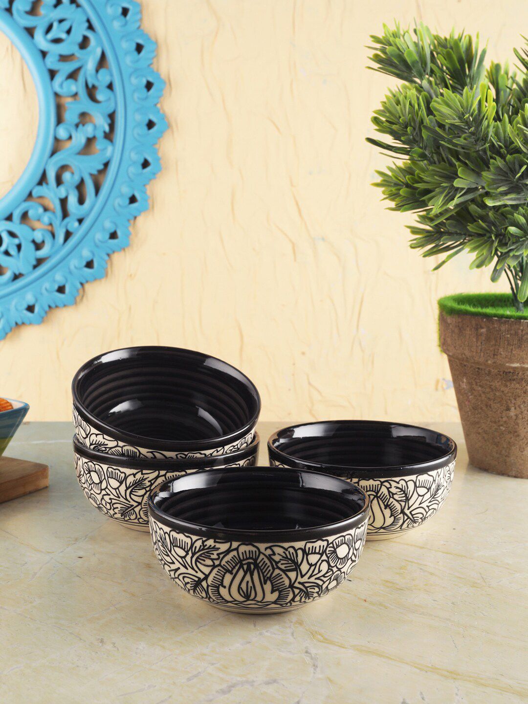 VarEesha Set of 4 Off White & Black Printed Serving Bowl Set Price in India