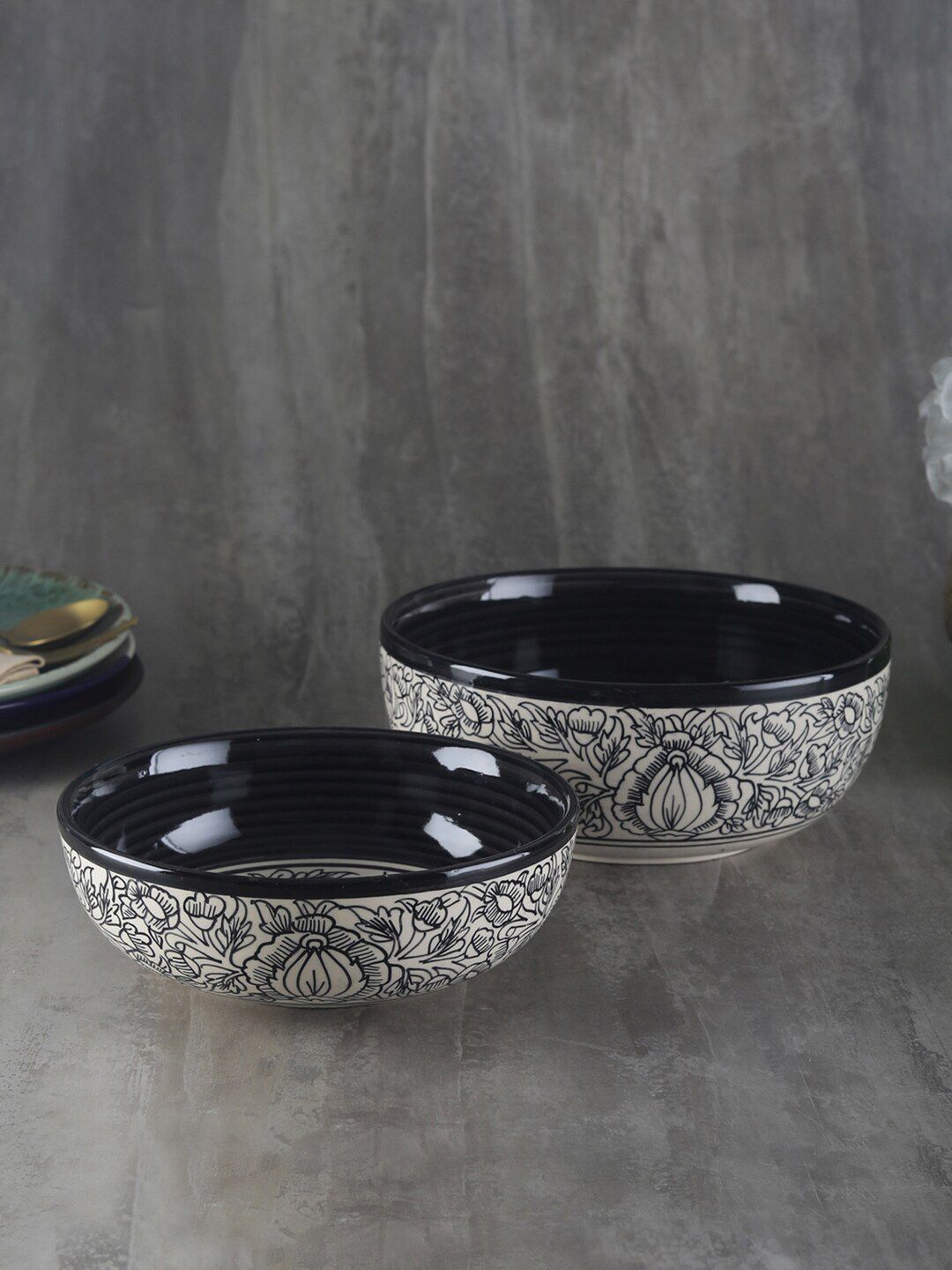 VarEesha Set Of 2 Off-White & Black Printed Ceramic Serving Bowls Price in India