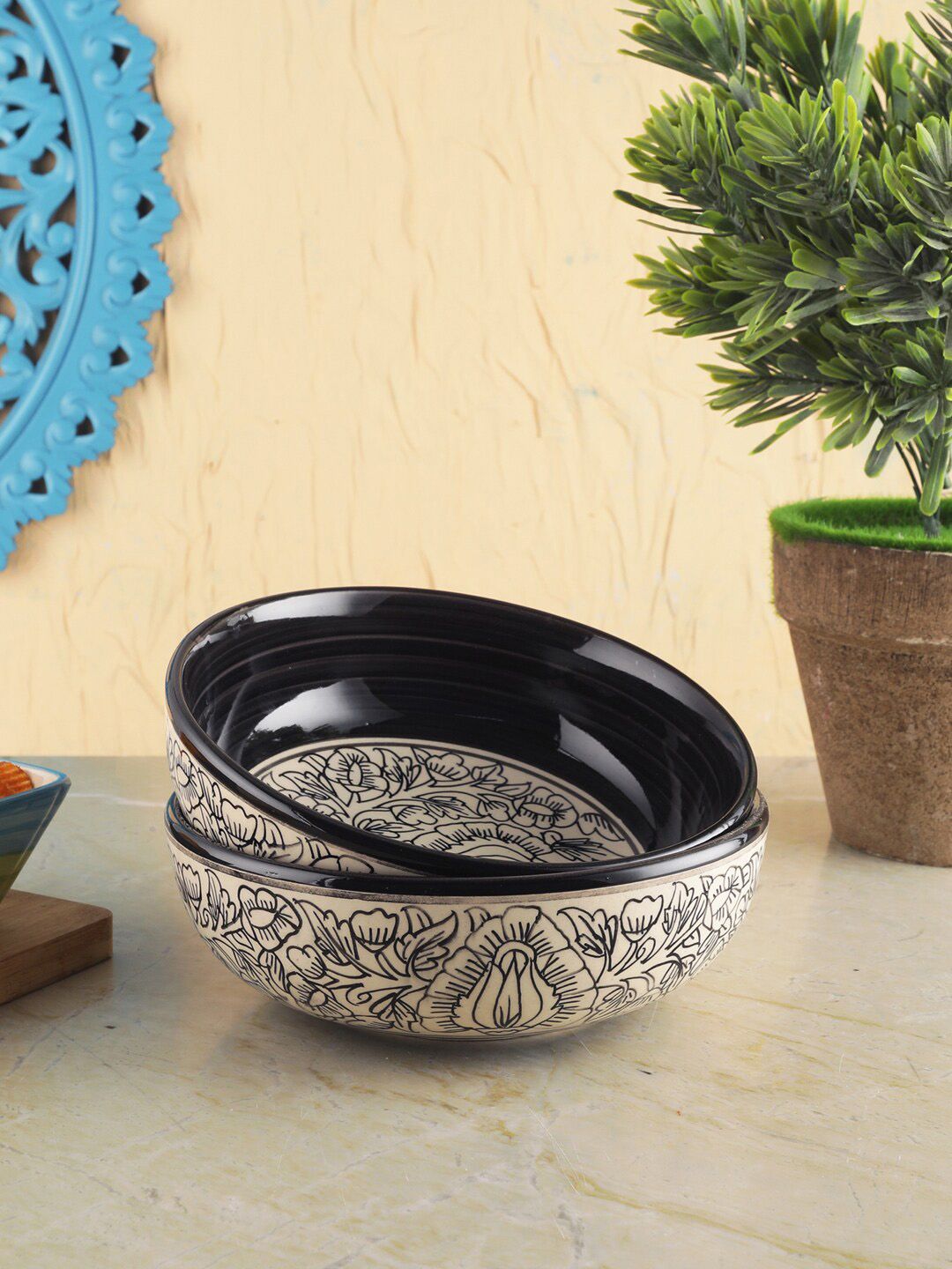 VarEesha Set of 2 Off White & Black Printed Ceramic Serving Bowl Set Price in India